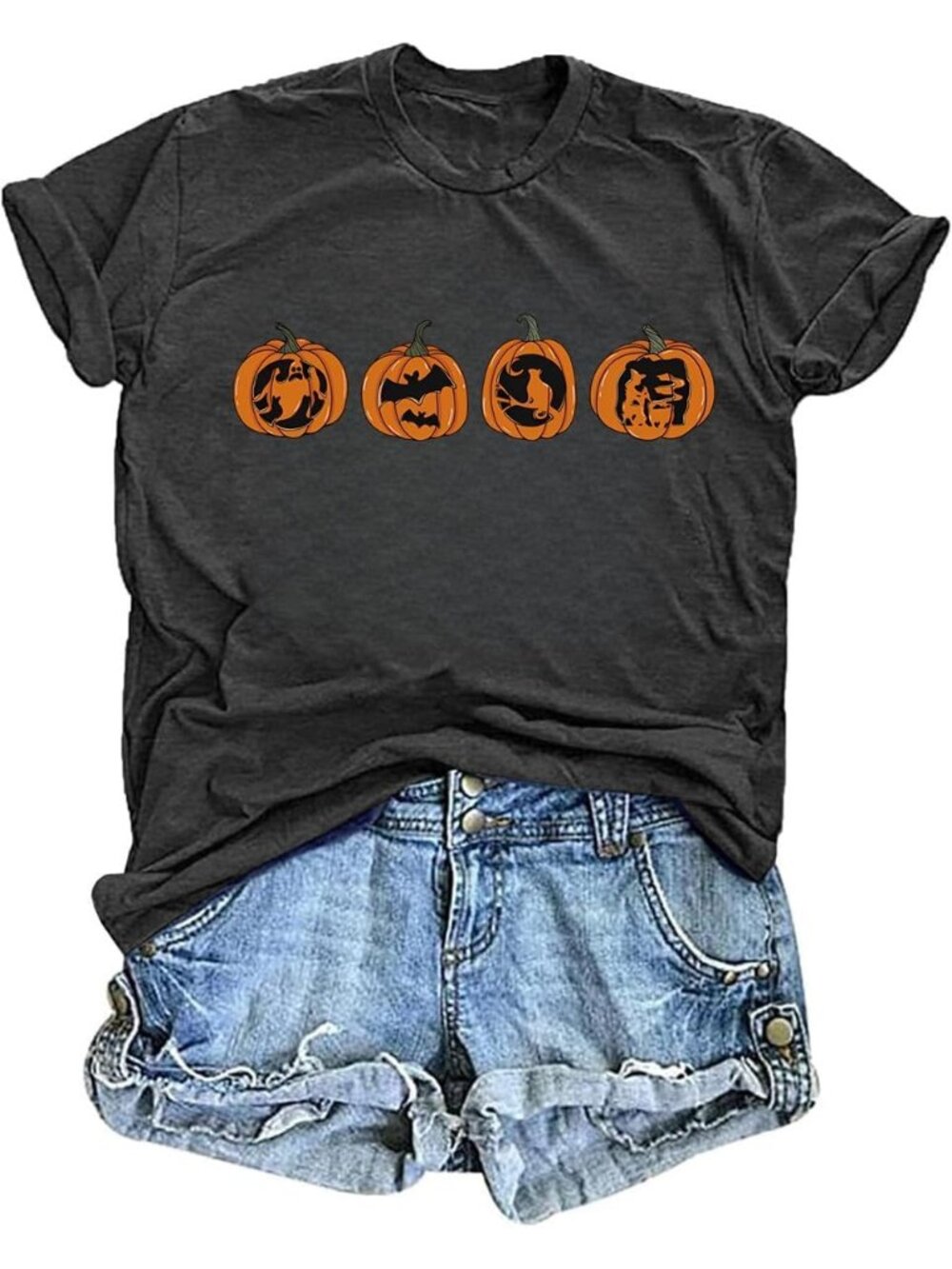 🆕 Women's Dark Grey Halloween Pumpkins Graphic Tee Short Sleeve Shirt